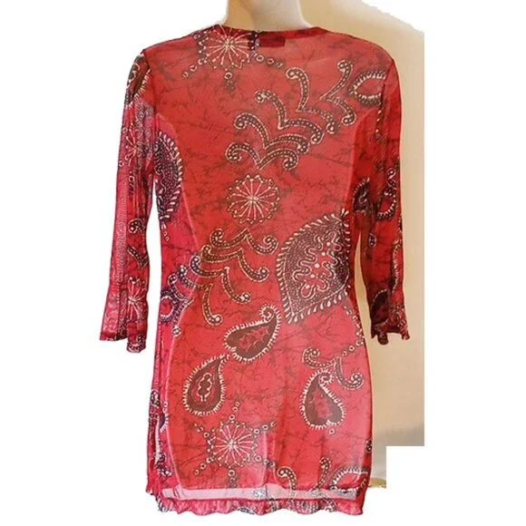 NWOT Mexx Mesh Tie-Front Tunic Top M Red Paisley - Picture 2 of 3